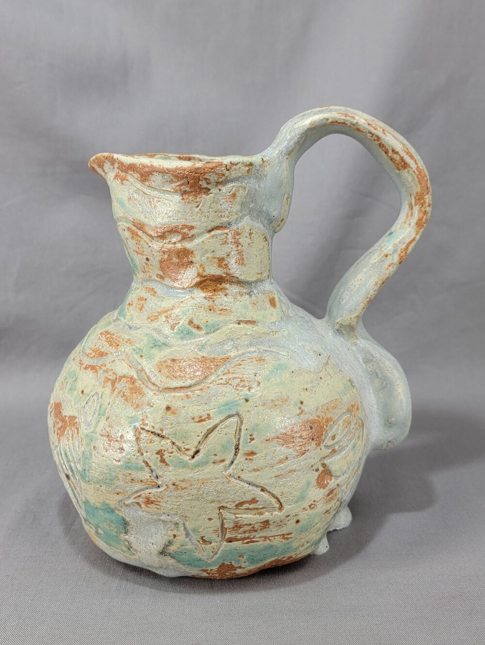 Vtg Handmade Ceramic Pottery Pitcher Vase Glazed Rustic Coastal Beach Decor